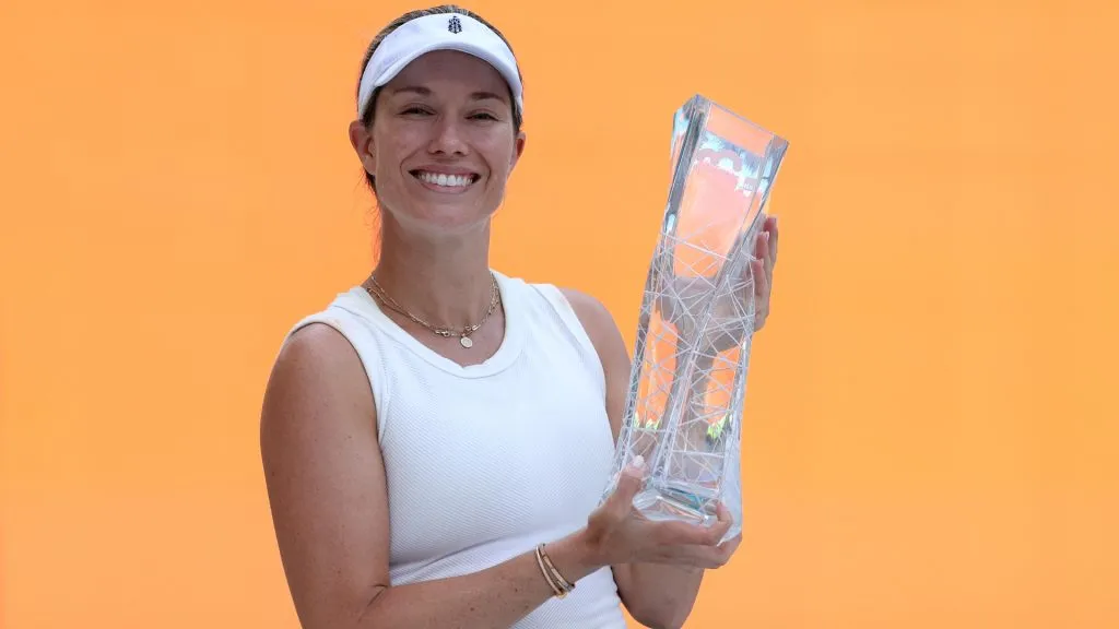 Danielle Collins of the United States poses with the trophy after she defeated Elena Rybakina of Kazakhstan during the Women’s Final at Hard Rock Stadium on March 30, 2024. (Source: Elsa/Getty Images)