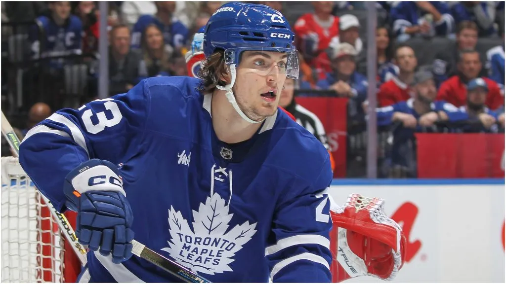 Matthew Knies #23 of the Toronto Maple Leafs skates against the Montreal Canadiens during the second period in an NHL game at Scotiabank Arena on April 12, 2025 in Toronto, Ontario, Canada.