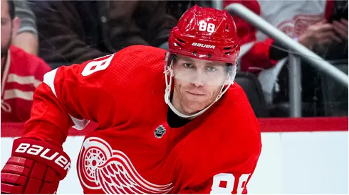 Patrick Kane #88 of the Detroit Red Wings passes the puck against the San Jose Sharks during the second period at Little Caesars Arena on December 07, 2023 in Detroit, Michigan.