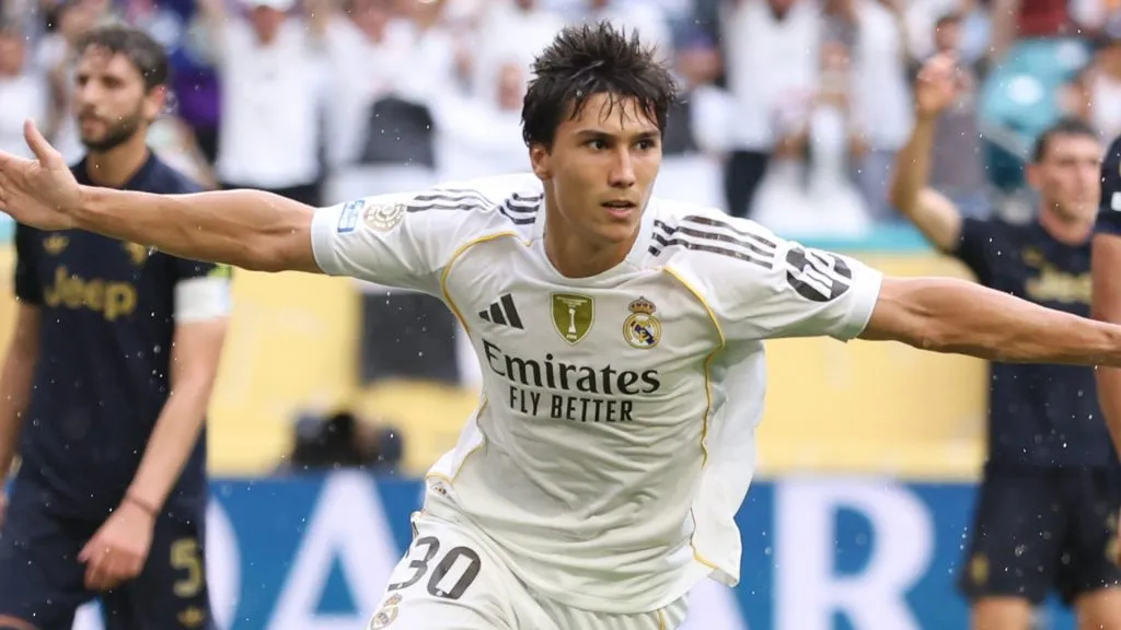 Gonzalo Garcia #30 of Real Madrid C.F. celebrates scoring his team’s first goal during the FIFA Club World Cup 2025 round of 16 match. (Source: Megan Briggs/Getty Images)