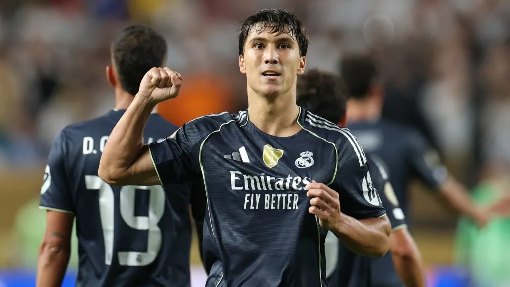 Gonzalo Garcia #30 of Real Madrid C.F. celebrates scoring his team’s third goal during the FIFA Club World Cup 2025 group H match. (Source: Francois Nel/Getty Images)