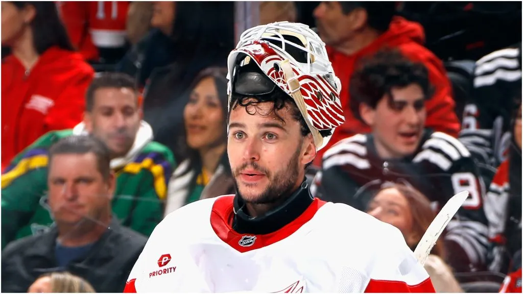 Alex Lyon #34 of the Detroit Red Wings skates against the New Jersey Devils at Prudential Center on April 16, 2025 in Newark, New Jersey.