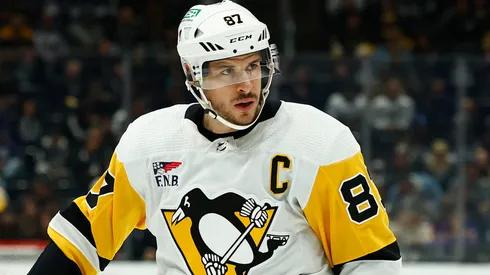 Sidney Crosby #87 of the Pittsburgh Penguins at Crypto.com Arena on November 09, 2023 in Los Angeles, California.