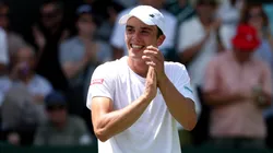 Oliver Tarvet of Great Britain celebrates victory against Leandro Riedi of Switzerland during the Gentlemen's Singles first round match on day one of The Championships Wimbledon 2025.