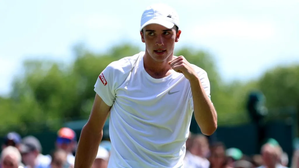 Oliver Tarvet celebrates winning the first set against Leandro Riedi of Switzerland during the Gentlemen’s Singles first round match on day one of The Championships Wimbledon 2025. (Source: Dan Istitene/Getty Images)