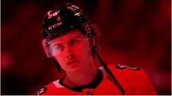 Connor Bedard #98 of the Chicago Blackhawks warms up against the Carolina Hurricanes at the United Center on January 20, 2025 in Chicago, Illinois.