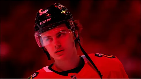 Connor Bedard #98 of the Chicago Blackhawks warms up against the Carolina Hurricanes at the United Center on January 20, 2025 in Chicago, Illinois.