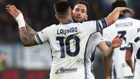Lautaro Martinez of FC Internazionale celebrates with his team-mate Hakan Calhanoglu after scoring their team's second goal during the Serie A match between Atalanta BC and FC Internazionale at Gewiss Stadium on March 16, 2025 in Bergamo, Italy.
