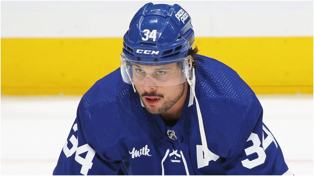 Auston Matthews #34 of the Toronto Maple Leafs warms up prior to action against the Edmonton Oilers in an NHL game at Scotiabank Arena on March 23, 2024 in Toronto, Ontario, Canada.