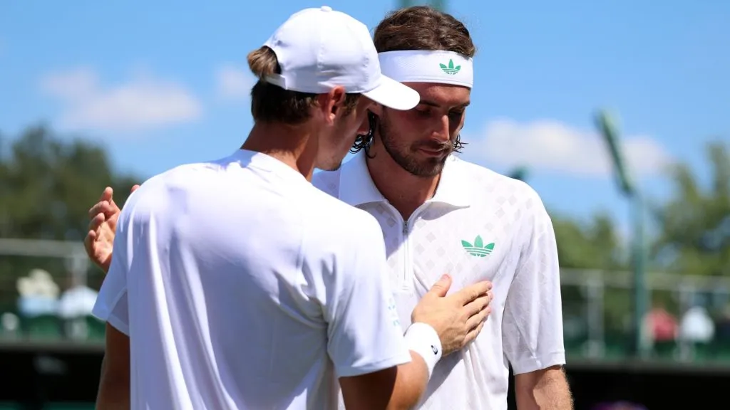 Stefanos Tsitsipas of Greece retires due physical issues against Valentin Royer of France during Wimbledon. (Dan Istitene/Getty Images)