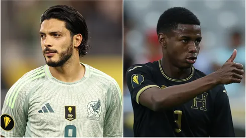 Raul Jimenez #9 of Mexico and Julián Martínez #3 of Honduras.