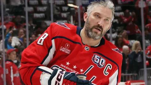 Alex Ovechkin #8 of the Washington Capitals warms up prior to a game against the Carolina Hurricanes in Game Five of the Second Round of the 2025 Stanley Cup Playoffs at Capital One Arena on May 15, 2025 in Washington, DC.