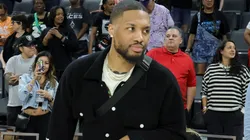 Damian Lillard of the Milwaukee Bucks leaves the court after attending a game between the Los Angeles Sparks and the Las Vegas Aces at Michelob ULTRA Arena on May 30, 2025 in Las Vegas, Nevada. The Aces defeated the Sparks 96-81.