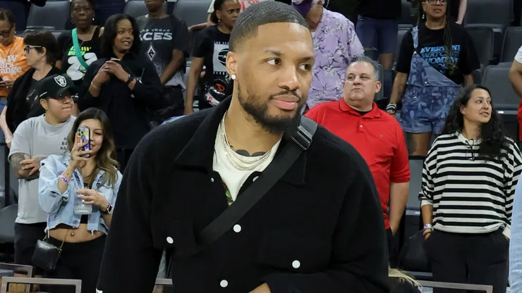 Damian Lillard of the Milwaukee Bucks leaves the court after attending a game between the Los Angeles Sparks and the Las Vegas Aces at Michelob ULTRA Arena on May 30, 2025 in Las Vegas, Nevada. The Aces defeated the Sparks 96-81.