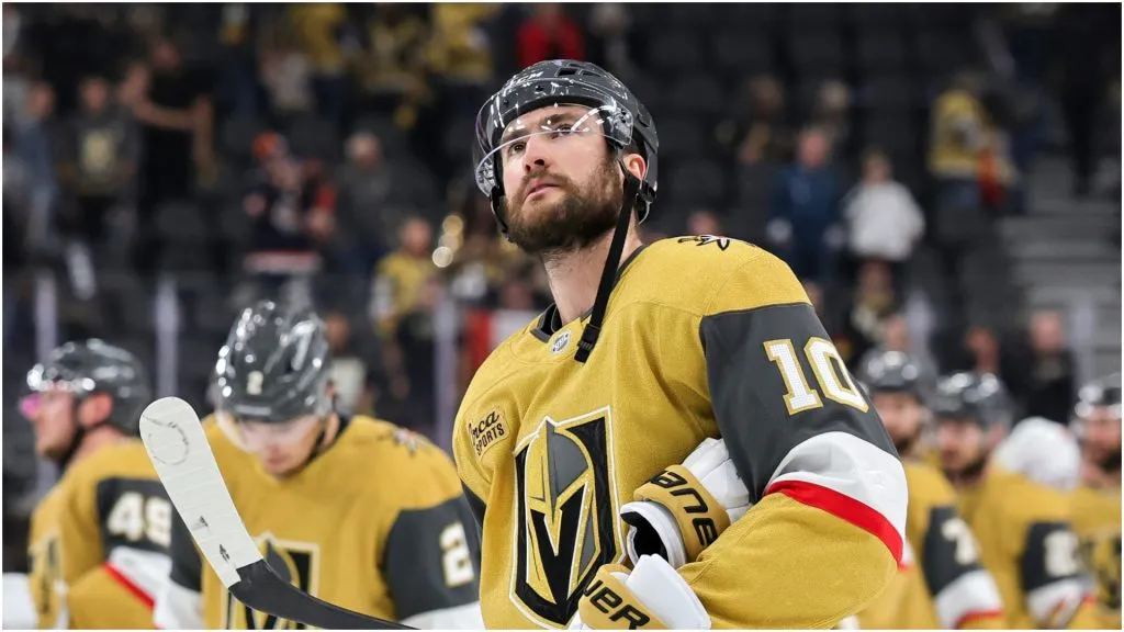 Nicolas Roy #10 of the Vegas Golden Knights looks on after shaking hands with the Edmonton Oilers following Game Five of the Second Round of the 2025 Stanley Cup Playoffs at T-Mobile Arena on May 14, 2025 in Las Vegas, Nevada.