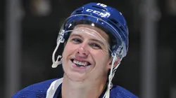 Mitchell Marner #16 of the Toronto Maple Leafs extends his Leafs' team consecutive scoring record to 21 games against the Los Angeles Kings in an NHL game at Scotiabank Arena on December 8, 2022 in Toronto, Ontario, Canada.