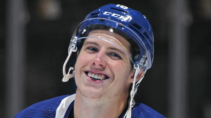 Mitchell Marner #16 of the Toronto Maple Leafs extends his Leafs' team consecutive scoring record to 21 games against the Los Angeles Kings in an NHL game at Scotiabank Arena on December 8, 2022 in Toronto, Ontario, Canada.