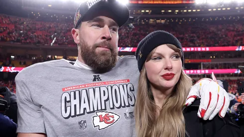 Taylor Swift celebrates with Travis Kelce of the Kansas City Chiefs.