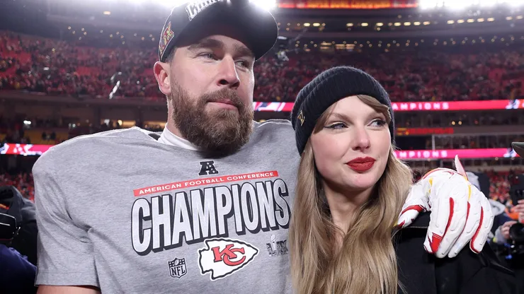 Taylor Swift celebrates with Travis Kelce of the Kansas City Chiefs.