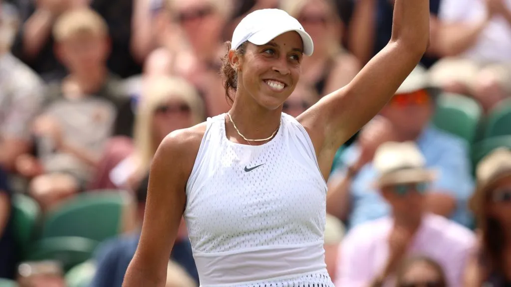 Madison Keys celebrates winning match point against Mirra Andreeva in the Women’s Singles fourth round match during day eight of The Championships Wimbledon 2023. (Source: Clive Brunskill/Getty Images)