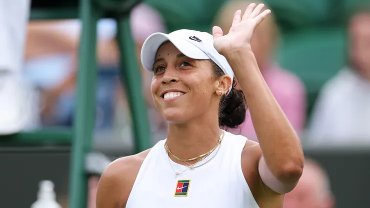 Madison Keys of United States acknowledges the crowd as she celebrates her victory against Olga Danilovic of Serbia during the Ladies' Singles second round match on day three of The Championships Wimbledon 2025.