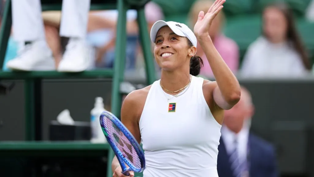 Madison Keys acknowledges the crowd as she celebrates her victory against Olga Danilovic of Serbia during the Ladies’ Singles second round match on The Championships Wimbledon 2025. (Source: Ezra Shaw/Getty Images)