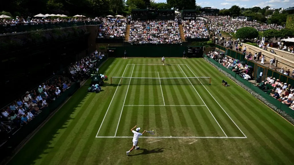 A general view over Court 18 as Shintaro Mochizuki plays a forehand against Karen Khachanov during the Gentlemen’s Singles second round match on day three of The Championships Wimbledon 2025. (Source: Mike Hewitt/Getty Images)
