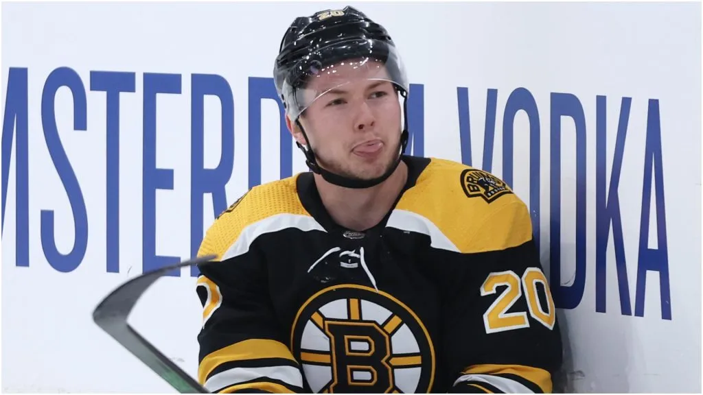 Curtis Lazar #20 of the Boston Bruins sticks out his tongue during the third period of Game Three of the First Round of the 2022 Stanley Cup Playoffs against the Carolina Hurricanes at TD Garden on May 06, 2022 in Boston, Massachusetts.
