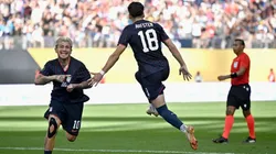 Diego Luna #10 of United States celebrates with Max Arfsten #18 after scoring a goal against Costa Rica.