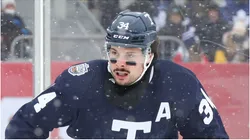 Auston Matthews #34 of the Toronto Maple Leafs skates against the Buffalo Sabres in the 2022 Tim Hortons NHL Heritage Classic at Tim Hortons Field on March 13, 2022 in Hamilton, Ontario, Canada. The Sabres defeated the Maple Leafs 5-2.