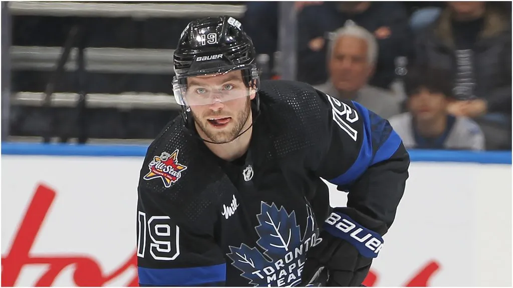 Calle Jarnkrok #19 of the Toronto Maple Leafs skates with the puck against the Winnipeg Jets during the second period in an NHL game at Scotiabank Arena on January 24, 2024 in Toronto, Ontario, Canada.