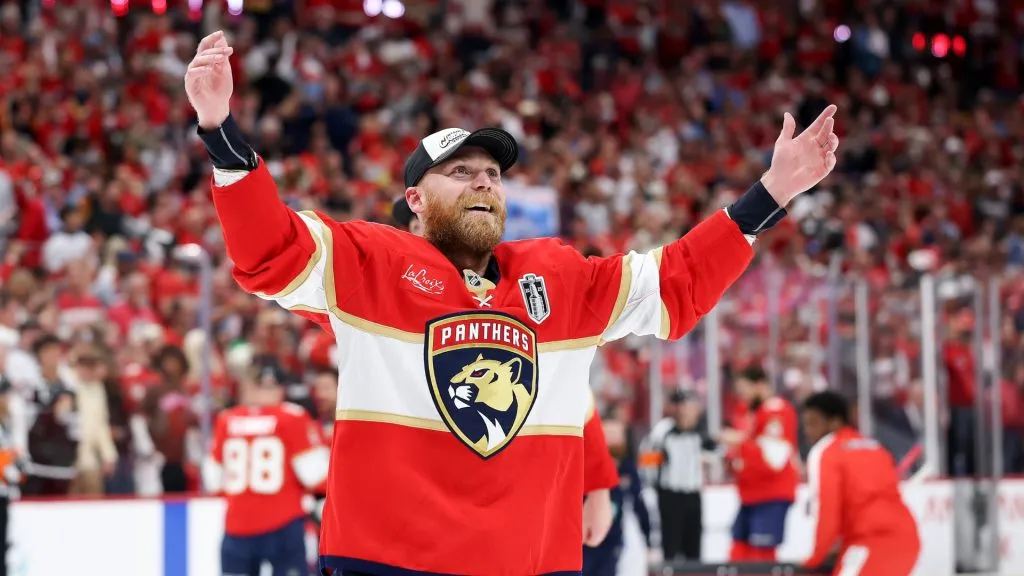 Sam Bennett reacts as he accepts the Conn Smythe Trophy after beating the beating the Edmonton Oilers to win the Stanley Cup in Game Six of the 2025 Stanley Cup Final. (Source: Christian Petersen/Getty Images)