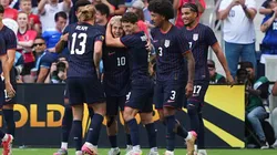 Diego Luna #10 of United States celebrates with teammates after scoring against Guatemala during the first half of the Gold Cup 2025 semifinal.