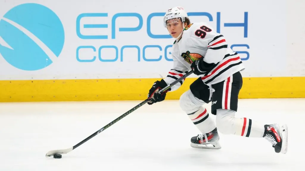 Connor Bedard #98 of the Chicago Blackhawks skates against the Washington Capitals at Capital One Arena on April 04, 2025 in Washington, DC. (Photo by Bruce Bennett/Getty Images)