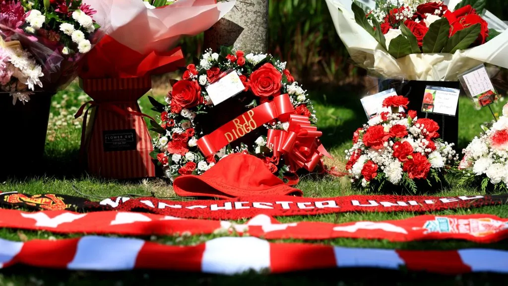 Tributes are laid for Liverpool player Diogo Jota at Anfield on July 03, 2025&nbsp;(Jess Hornby/Getty Images)