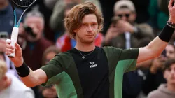Andrey Rublev acknowledges the crowd as he celebrates his victory over Lloyd Harris of South Africa i the Men's Singles First Round match during Day Three of the 2025 French Open.
