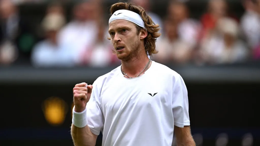 Andrey Rublev celebrates against Novak Djokovic of Serbia in the Men’s Singles Quarter Final match during day nine of The Championships Wimbledon 2023. (Source: Shaun Botterill/Getty Images)