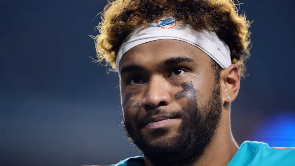 Tua Tagovailoa #1 of the Miami Dolphins looks on after the 29-17 win against the San Francisco 49ers at Hard Rock Stadium on December 22, 2024 in Miami Gardens, Florida.