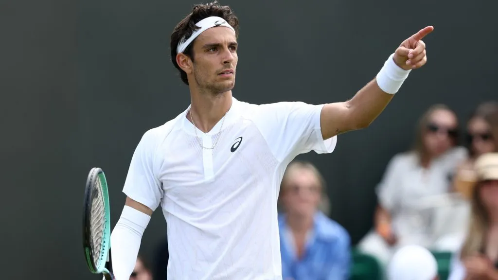 Lorenzo Musetti of Italy gestures to the crowd during the Gentlemen’s Singles first round match against Nikoloz Basilashvili of Georgia on day two of The Championships Wimbledon 2025. (Source: Dan Istitene/Getty Images)