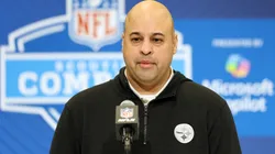 General manager Omar Khan of the Pittsburgh Steelers speaks to the media during the NFL Scouting Combine at the Indiana Convention Center on February 25, 2025 in Indianapolis, Indiana.