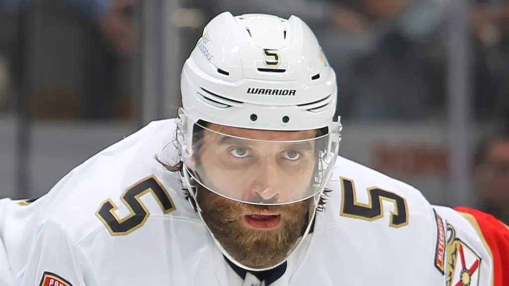 Aaron Ekblad #5 of the Florida Panthers waits for a faceoff against the Toronto Maple Leafs during the third period in Game Seven of the Second Round of the 2025 Stanley Cup Playoffs at Scotiabank Arena on May 18, 2025 in Toronto, Ontario, Canada.