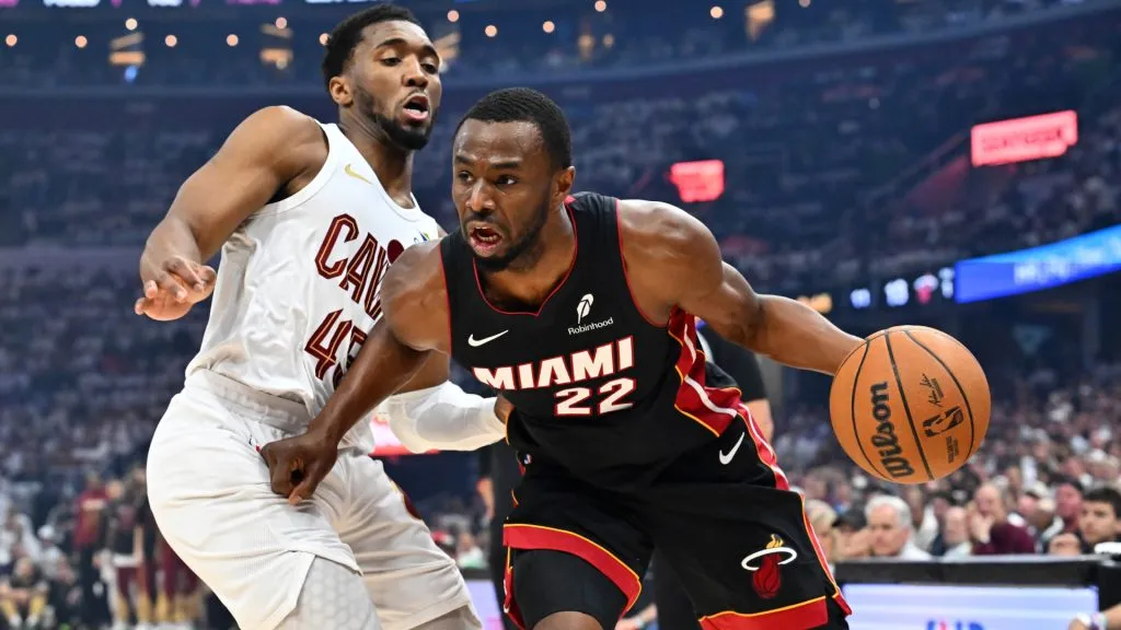 Donovan Mitchell #45 of the Cleveland Cavaliers guards Andrew Wiggins #22 of the Miami Heat during the NBA Playoffs. (Jason Miller/Getty Images)