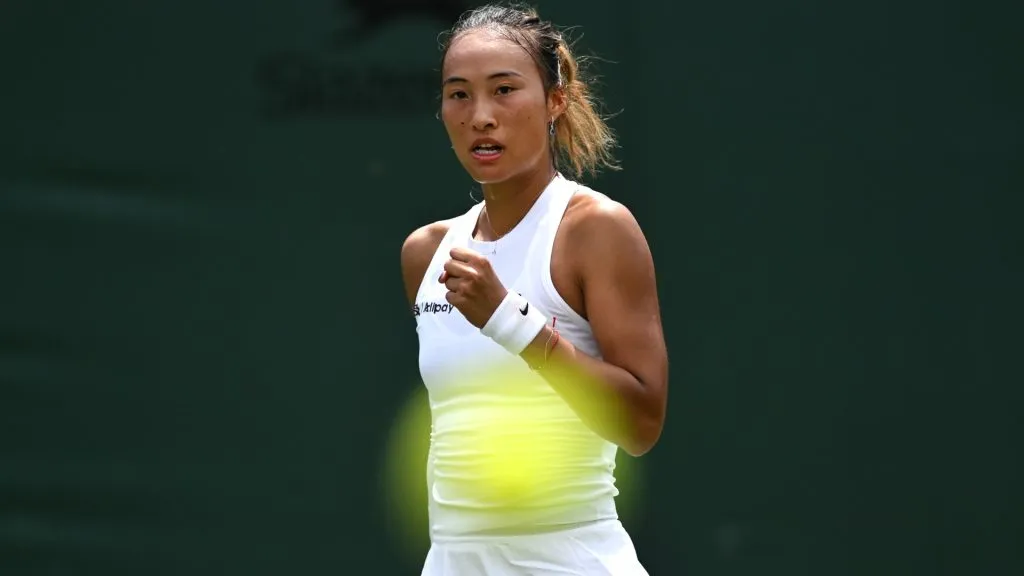 Qinwen Zheng celebrates against Katerina Siniakova of Czechia during the Ladies’ Singles first round match on day two of The Championships Wimbledon 2025. (Source: Mike Hewitt/Getty Images)