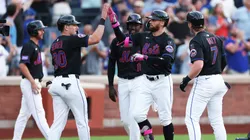 Brandon Nimmo #9 of the New York Mets celebrates with teammates after hitting a grand slam during the second inning of Game Two of a doubleheader against the Milwaukee Brewers at Citi Field on July 02, 2025 in the Queens borough of New York City.