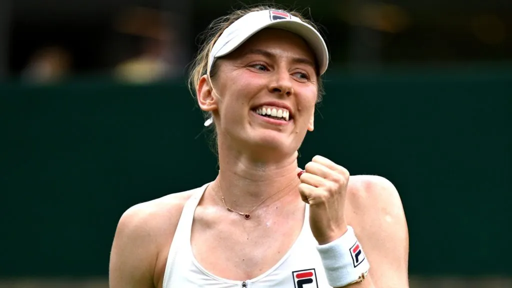 Ekaterina Alexandrova celebrates winning match point against Dalma Galfi of Hungary in the Women’s Singles third round match during day six of The Championships Wimbledon 2023. (Source: Shaun Botterill/Getty Images)