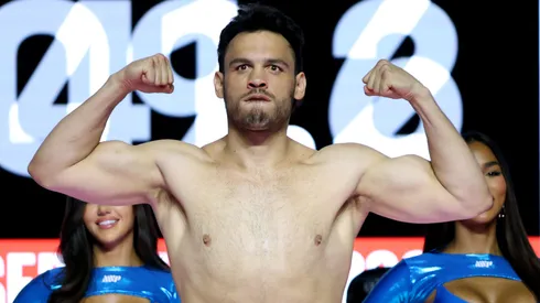 Julio Cesar Chavez Jr. poses during a ceremonial weigh-in before his fight against Jake Paul at Honda Center on June 27, 2025 in Anaheim, California.