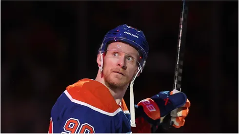 Corey Perry #90 of the Edmonton Oilers is named the third star of the game following the 4-1 win against the Dallas Stars in Game Four of the Western Conference Final of the 2025 Stanley Cup Playoffs at Rogers Place on May 27, 2025 in Edmonton, Alberta, Canada.