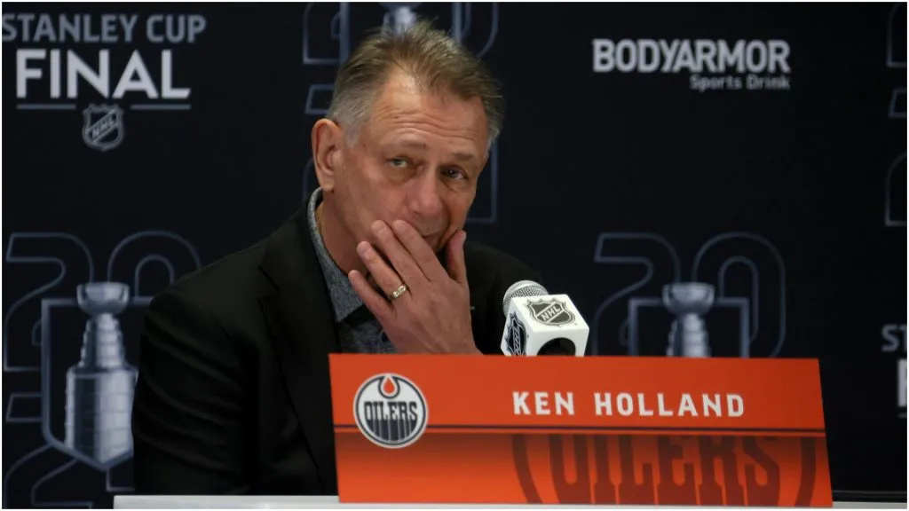 General Manager Ken Holland of the Edmonton Oilers speaks to the media during Media Day prior to the 2024 Stanley Cup Final at Amerant Bank Arena on June 07, 2024 in Sunrise, Florida.