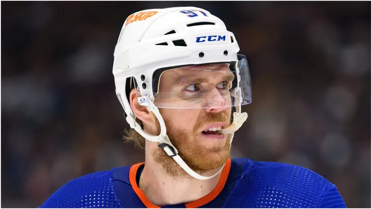 Connor McDavid #97 of the Edmonton Oilers waits for a face-off during the third period in Game One of the Second Round of the 2024 Stanley Cup Playoffs against the Vancouver Canucks at Rogers Arena on May 8, 2024 in Vancouver, British Columbia, Canada.