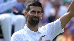 Novak Djokovic of Serbia celebrates his victory against Daniel Evans of Great Britain during Wimbledon.